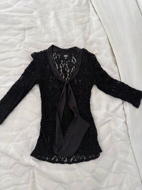 Dolce & Gabbana Black Lace Long-Sleeve Tie-Neck Top